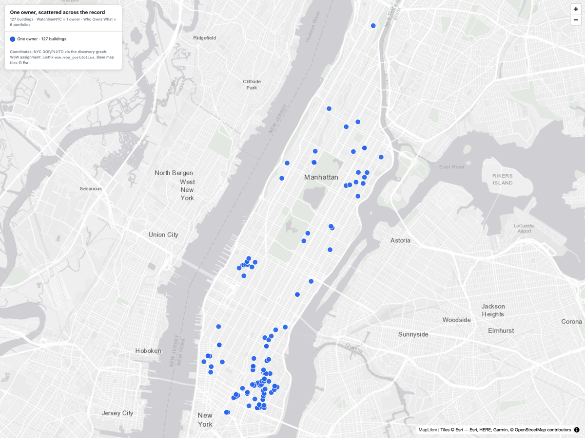 Map of 127 buildings across Manhattan, all resolved to one owner