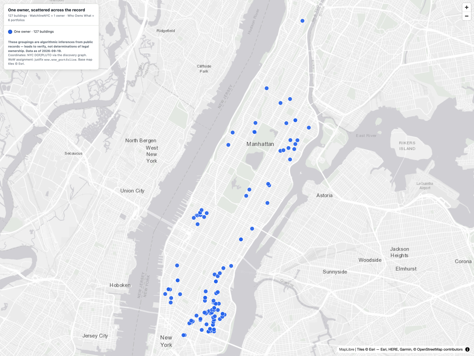 WatchlineNYC map: Steven Croman's 127 buildings resolved to one owner, versus Who Owns What's six portfolios